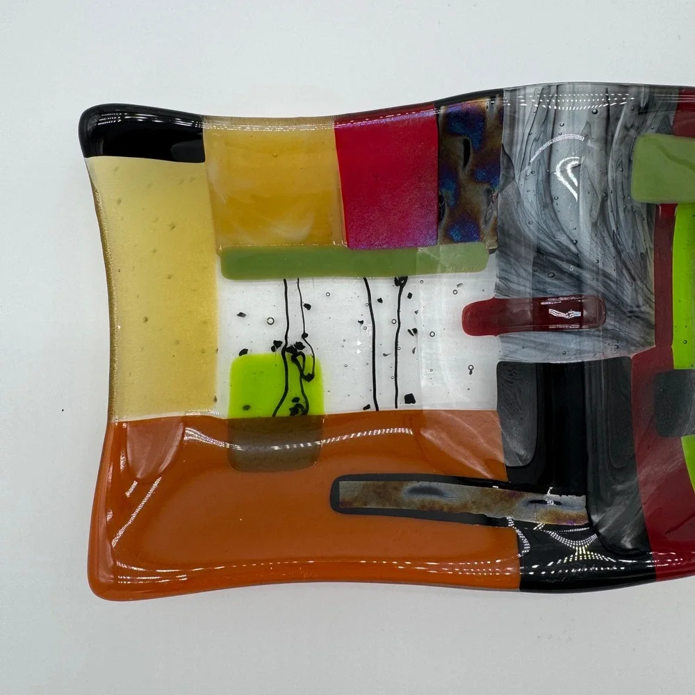 Lauren Goldfield '92 Fused Art Glass Tray Plate Colorful Abstract Design Devided